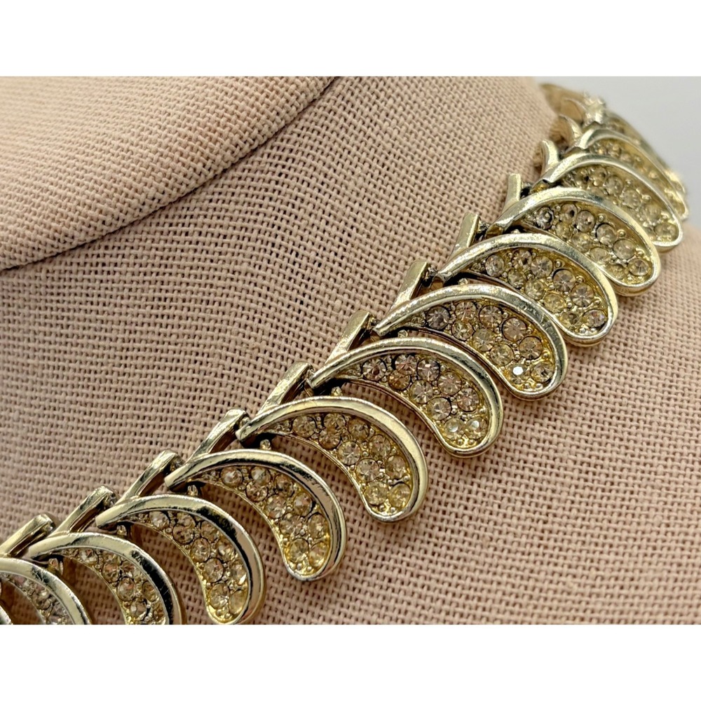 Vintage Kramer Gold Tone Pave Rhinestone Crescent Leaf Choker Collar Necklace